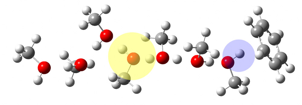 ベンゼンが末端に付着したプロトン付加メタノールクラスター黄色部分がオキソニウムイオン、紫部分がベンゼンに水素結合した水酸基を示している。